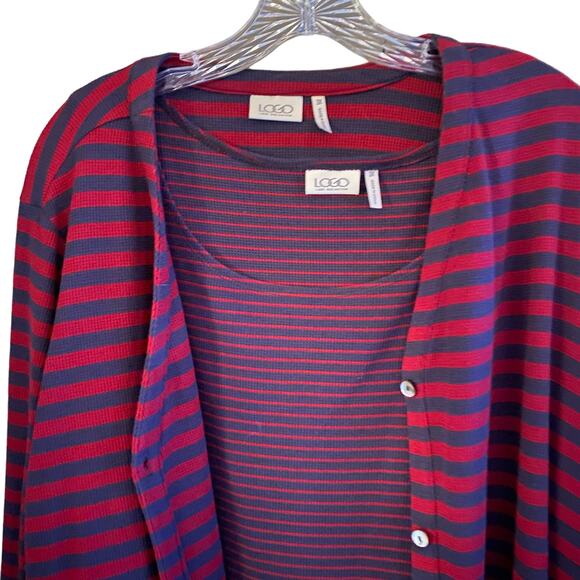 LOGO LORI GOLDSTEIN Cardigan & Tank Set Tunic Length Striped Button Down - Picture 5 of 8